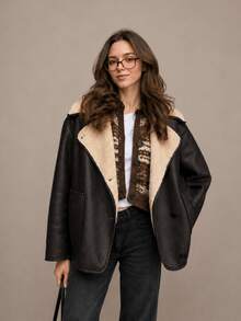 HZXVIC Women's Winter New American Retro Lambhair Inner Loose Shoulder Collar Motorcycle PU Jacket Coat - Brown - View 1