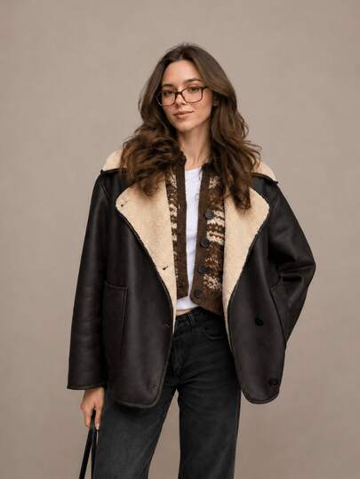 HZXVIC Chaqueta de invierno para mujer, estilo americano retro, forro de lana de cordero, holgada, cuello de hombro, tipo motocicleta, de PU