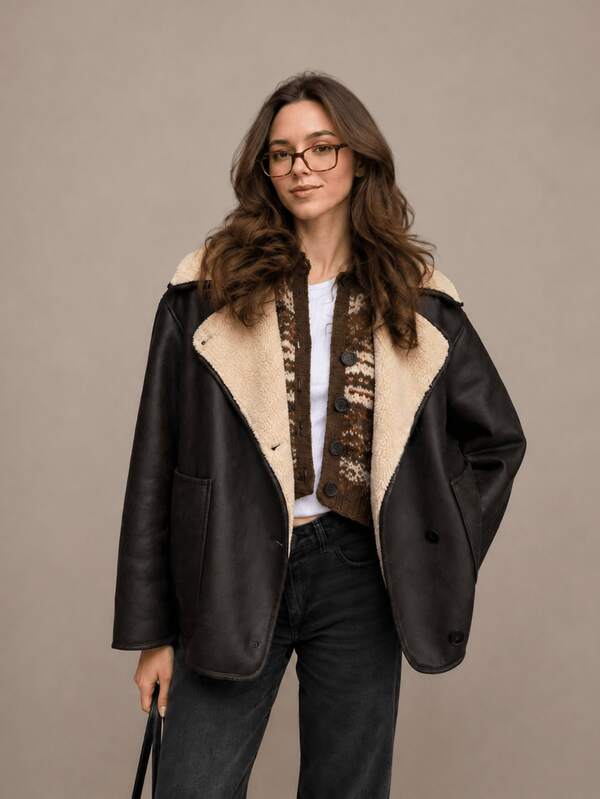 HZXVIC Chaqueta de invierno para mujer, estilo americano retro, forro de lana de cordero, holgada, cuello de hombro, tipo motocicleta, de PU