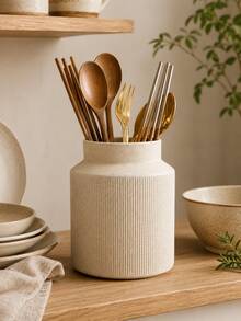 1pc Cream Ribbed Kitchen Utensil Holder, Large Capacity Utensil Crock For Spoons Forks Chopsticks Spatulas, Modern Farmhouse Countertop Organizer, Minimalist Kitchen Counter Decor - Multicolor - View 5