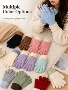 Cozy Colorblock Full-Finger Fuzzy Knit Gloves, Contrast Ribbed Cuffs, Finger Opening Touchscreen Design, Warm Winter Hand Gloves For Women, Daily Commute, Outdoor Walking, Travel, Christmas Parties, Holiday Gifts, Cold Weather Styling Looks - Multicolor - View 9