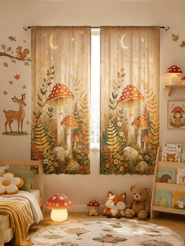 2 Pieces Retro Fairy Tale Forest Mushroom-Print Semi-Transparent Children's Curtains, Pole Bag Curtains, Suitable For Living Room, Bedroom And Home Decoration, Machine Washable, Hook-Free