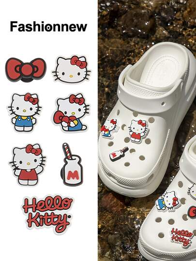 7 Styles/Set | Sanrio Cute Cartoon Hello Kitty Shiny Shoe Charms (Durable High-Quality PVC Material), Suitable For Sandals, Clogs, Bags, Bracelets - Perfect Gift For Friends On Halloween, Christmas, Valentine's Day, Birthday (Mixed Set Randomly Sent)
