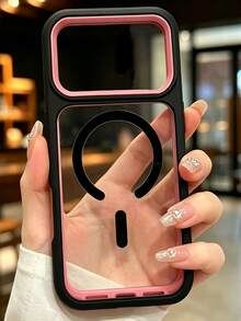 奢華吸震防摔 3N1 磁吸透明壓克力手機殼 短繩款，相容 iPhone 17 Pro Max 17 Pro 17 16 Pro Max 16 Pro 16 15 Pro Max 15 Pro 15 14 Pro Max 14 Pro 14 13 Pro Max 13 Pro 13 12 Pro Max 12 Pro 12 11，支援無線充電，高品質防震防摔保護殼 - 黑粉紅色 - 查看 4