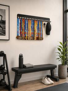 1pc Black Metal Medal Display Rack, Wall-Mounted Medal Hanger With 20 Hooks And Ribbon Storage, Includes Key Hooks, Large Capacity Sports Award Storage Rack, Suitable For Home Gym, Entryway, Bedroom, Back To School Athlete Gift - Black - View 8