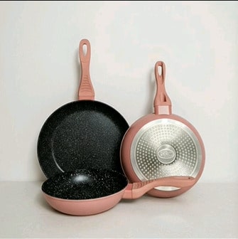 Jeu de 3 poêles en aluminium forgé couleur rose 20/24/28 cm avec revêtement antiadhésif en marbre et manche ergonomique