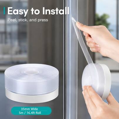 1 rollo de tira de sellado transparente para puertas de vidrio de 35 mm de ancho, burlete autoadhesivo de 5 m para duchas y puertas de vidrio correderas