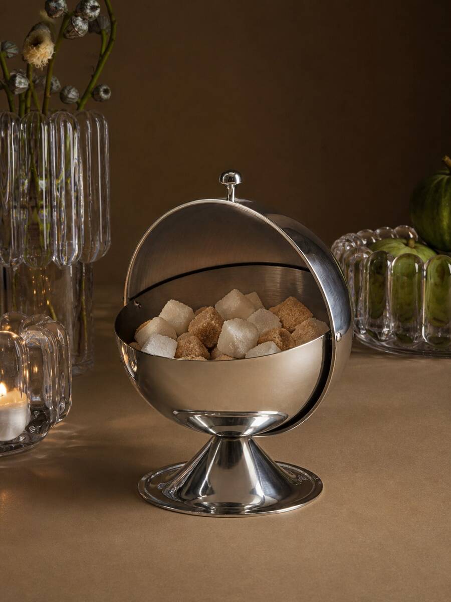 1pc Stainless Steel Roll Top Sugar Jar, Mirror Polished Spherical Sugar Box & Candy Dish With Rotating Lid, Wide Mouth Design, Stable Base, Suitable For Saudi National Day, Halloween, Christmas, Ramadan, Eid, Coffee Bar And Tea Table - Multicolor - View 1