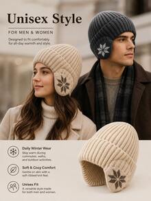 Vintage Ribbed Knit Beanie Hat With Snowflake Earflap Design, Unisex Warm Winter Knitted Cap, Casual Earflap Cold Weather Hat, Suitable For Outdoor Walking, Travel, Commuting, Autumn/Winter Hat Accessory - Multicolor - View 5