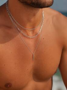 3pcs/Set Men's Silver Multi-Layer Stacked Chain Necklace With Long Pendant Design, Minimalist Versatile European & American Street Style Jewelry, Suitable For Daily Casual Wear - Silver - View 3