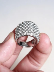 1pc Shiny Rhinestone Inlaid Geometric Thick Ring, Vintage Silver Dome Chunky Statement Ring, Modern Aesthetic High Gloss Wedding Jewelry Accessory - Silver 2 - View 4