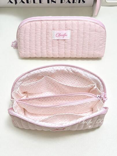 2 Styles Zipper Pencil Case, Vertical Quilted Design, Large Capacity Multi-Layer Zipper Stationery Bag, Soft Padded Makeup Storage Bag, Light Pink Polka Dot Lining, Multiple Storage Pockets, Suitable For School, Office, Travel, New Semester, Can Neatly Store Pens, Rulers, Erasers And Notebooks, Back To School Essential