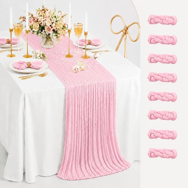 8 Pack Light Pink Cheesecloth Table Runner, Gauze Table Runner 6FT, Sheer Crinkled Boho Rustic Table Runner For Wedding Party, Baby Shower, Birthday, Bridal Shower, Thanksgiving, Friendsgiving, Engagement Party, Home Decor