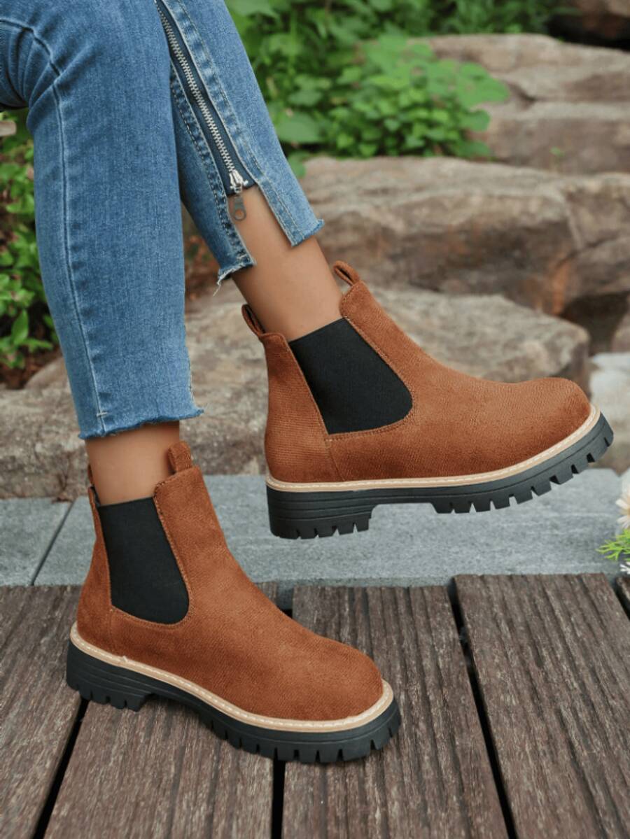 Women Platform Lug Sole Chelsea Boots,Faux Suede Elastic Side Slip‑On Ankle Booties,Ankle Booties,Daily Fashion Fall Winter Ankle Boots,Mid‑Calf Boots