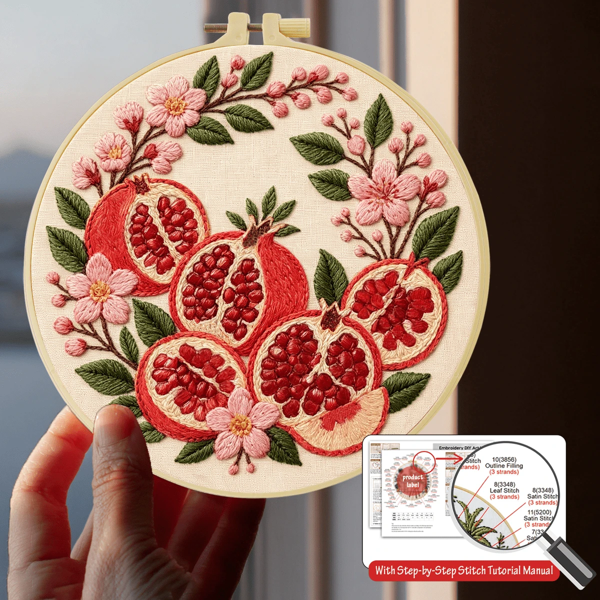 1PC 15*15cm/5.9*5.9in 20*20cm/7.9*7.9in, Red Pomegranate Embroidery Kit, DIY Handmade Embroidery Set For Adult Beginners, Home Gift, Women's Sewing Gift, Including User Manual, Printed Pattern Fabric, Embroidery Frame, Needle And Thread.
