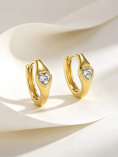 Charm-In 18K Gold Plated Copper Heart Cubic Zirconia Huggie Hoop Earrings, Chunky Small Click‑Top Hoops For Women Daily Casual Wear