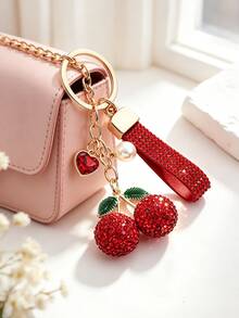 1pc Fashion Alloy Rhinestone Cherry Bag Charm, Clay Rhinestone Keychain, Crystal Inlaid Car Key Pendant, Women's Bag Decoration Accessory - Multicolor - View 3