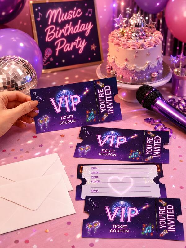 VIP Music Birthday Party Invitations With Envelopes, Purple Neon Fill In Ticket Cards For Girls, Teens, Karaoke, Disco And Dance Parties, Writable Concert Style Invitation Tickets For Pop Star, Glow Party, Sleepovers And School Party Celebrations