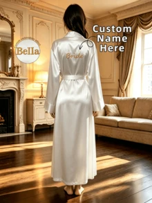 Customized Name Anniversary Embroidered Satin Kimono Style Morning Robe Personalized Name Bridesmaid Bride Wedding Preparation Wear Tie-Up Silk Bathrobe Bridal Party Gift - Multicolor - View 3