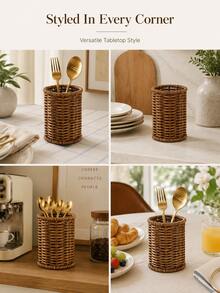 Cylindrical Hollow Woven Rattan Tableware Storage Basket, Decorative Desktop Organizer Box, Suitable For Kitchen, Dining Room, Home, Party Daily Table Decoration - Multicolor - View 3