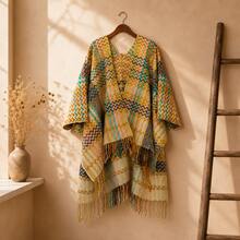 1pc Women's Polyester Line Wave Pattern Shawl, Summer Vintage Bohemian Style With Tassels, Suitable For Outdoor Travel - Size 35 Yellow - View 5