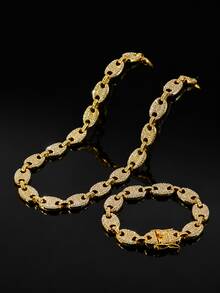 1 Set 13mm Wide Full Rhinestone Pig Nose Chain Necklace & Bracelet 2-Piece Set, Densely Inlaid Rhinestone Heavy Chain, Hip Hop Street Style Accessories, Rap Music Festival Party Unisex Gift Jewelry - Style NL2047 - View 18