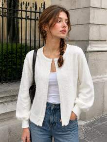Women's Cozy White Knit Cardigan Long Sleeve Regular Length Round Neck Medium Stretch For Fall Outfits - White - View 1