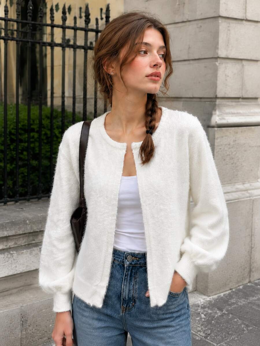 Women's Cozy White Knit Cardigan Long Sleeve Regular Length Round Neck Medium Stretch For Fall Outfits - White - View 1