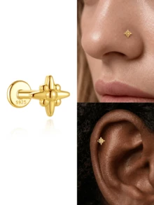 1Pc 925 Sterling Silver Eight-Pointed Star Nose Stud Hypoallergenic Cartilage Body Piercing Jewelry Nose Rings For Women Men Daily Wear & Gifts - Gold - View 4