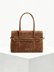 Women's Shoulder Bag, Solid Color, Suede Material, Metal Buckle And Embossed Logo, Large Capacity Handbag, Vintage Academic Style, Suitable For Workplace Daily, Autumn/Winter - Brown - View 3