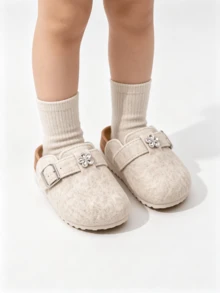 1 Pair Beige Kids Felt Clog Shoes, Rhinestone Flower Buckle Strap Backless Slip-On Mule Slippers, Cork Footbed Indoor House Shoes, Unisex Daily Style - Beige - View 3