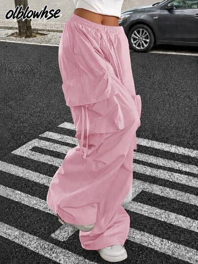 Y2K Street Style Pink Flap Pocket Cargo Pants With Drawstring Waist Elastic Wide Leg Parachute Pants Casual Daily Travel Comfortable Lightweight Women's Long Pants