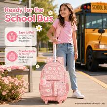 3pcs/Set Girls Daisy Print Pom Pom Pendant Durable Oxford Cloth Rolling Luggage Bag With Adjustable Shoulder Strap Zipper Closure Sweet Student Backpack Set, Suitable For School And Travel - Single Pull Rod, Three Front Pockets, Daisy - View 1