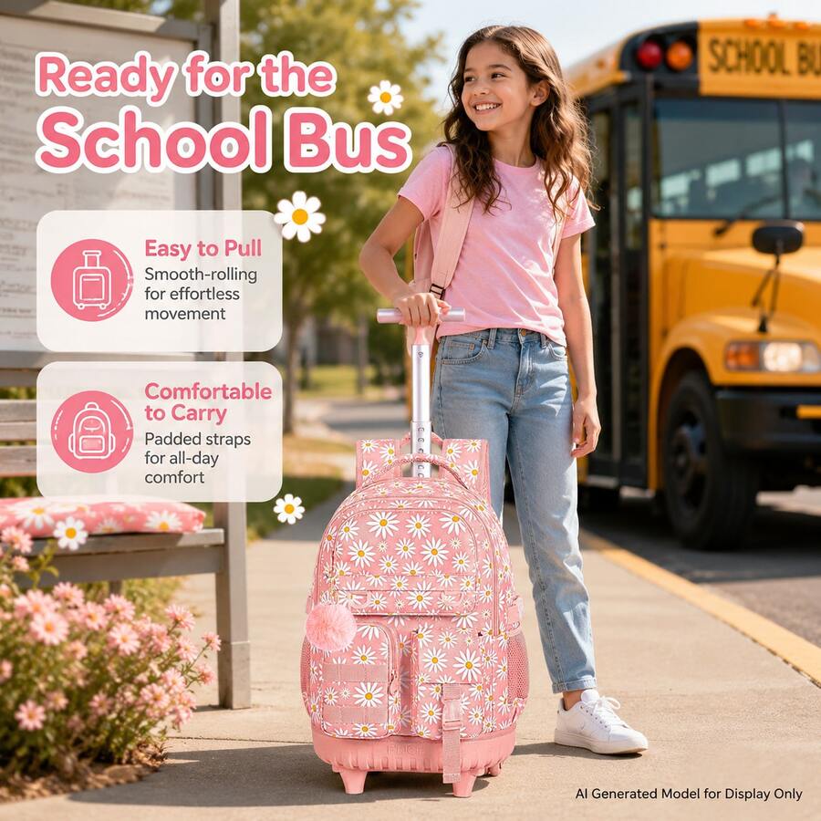 3pcs/Set Girls Daisy Print Pom Pom Pendant Durable Oxford Cloth Rolling Luggage Bag With Adjustable Shoulder Strap Zipper Closure Sweet Student Backpack Set, Suitable For School And Travel - Single Pull Rod, Three Front Pockets, Daisy - View 1