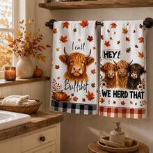 2/4/6pcs Highland Cow Autumn Theme Printed Kitchen Napkins, Cute Hand-Drawn Style, Soft And Easy To Clean, Highland Cow, Pumpkin, Maple Leaf Patterns, Home Decor, Autumn Home Gift, Suitable For Bathroom Decor, Kitchen Decor, Kitchen Accessories - Multicolor - View 3