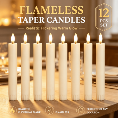 12 piezas de velas cónicas sin llama color marfil, operadas por batería, velas LED con mecha 3D - Adecuadas para bendiciones de Eid, Día de San Valentín romántico, decoración del hogar y exhibición estacional, decoración del hogar estacional | Iluminación decorativa