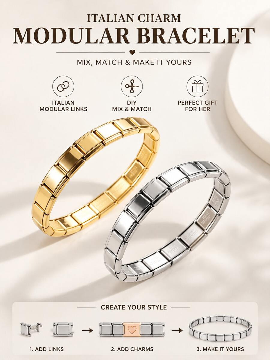 1 buah Gelang Modular Pesona Italia dari Baja Tahan Karat Mengkilap Warna Perak & Emas, Perhiasan Tangan Serbaguna yang Dapat Dilepas Sendiri, Hadiah Fashion yang Dipersonalisasi untuk Wanita - MultiWarna - View 1