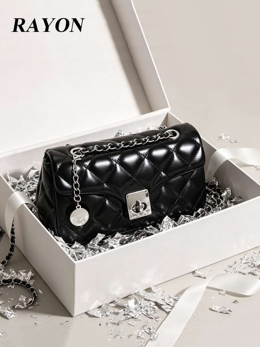 2026 Luxury Quilted Diamond Stitch Embroidered Solid Color PU Leather Chain Lock Bag Women's Shoulder Bag Small Handbag High-End Fashion Versatile Crossbody Bag Suitable For Daily Outings, Work Commute, Party, Afternoon Tea And More Occasions (Gift Box Not Included) - Black - View 1