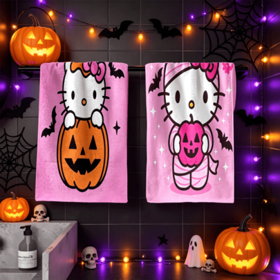 Toalhas de Casa de Banho Hello Kitty de Halloween Rosa (2 peças/conjunto) - Material de Poliéster Macio e Absorvente, Impressão Unilateral; Padrões Incluem Gatinha Fofa a Espreitar de uma Lanterna de Abóbora, Gatinha Estilo Múmia a Segurar Abóbora Rosa e Elementos Brincalhões como Morcegos e Estrelas Cintilantes; Toalhas de Chá Decorativas Reutilizáveis e Decoração para Casa Adequadas para a Atmosfera de Outono de Halloween; Presente Quente de Halloween ou de Inauguração de Casa para Raparigas, Adolescentes e Mulheres, Conjunto de Decoração de Cozinha para Feriados