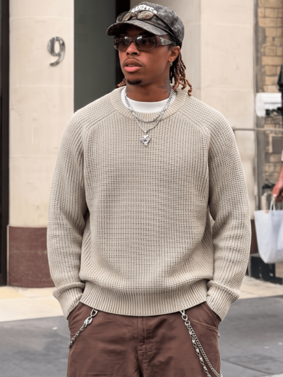 ANDREILEE Apricot Loose Fit Casual Solid Color Crew Neck Pullover Sweater, All-Match Versatile Long Sleeve Knit Top For Men, Winter