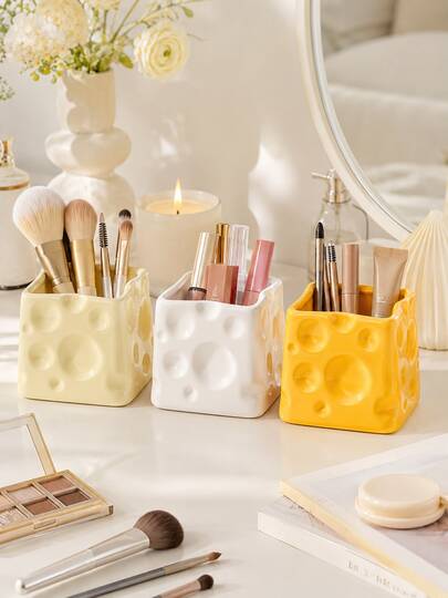 1 pieza Soporte para brochas de maquillaje con forma de queso lindo, organizador de escritorio con textura de burbuja cuadrada, taza para bolígrafos, 3 colores disponibles, recipiente multifuncional para almacenamiento de cosméticos, decoración de tocador de escritorio estilo Ins, se puede usar como pequeño jarrón para flores secas