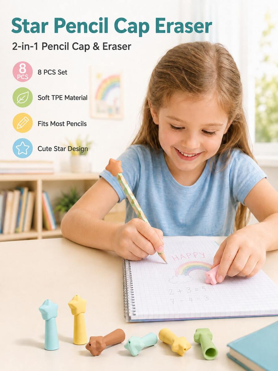 8pcs/Box Star Pencil Eraser Caps, Cute Pencil Topper Sleeve & Pencil Extender Caps For Kids, Kindergarten, Grade 1-2 School Supplies - Multicolor - View 1