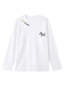 Women's Cute Zebra Print Long Sleeve T-Shirt, White Loose Fit Crew Neck Casual Basic Top - White - View 7
