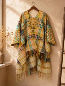 1pc Women's Polyester Line Wave Pattern Shawl, Summer Vintage Bohemian Style With Tassels, Suitable For Outdoor Travel - Size 35 Yellow - View 1