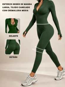 Mono Deportivo de Manga Larga con Cremallera para Mujer - Conjunto de Yoga Ajustado de Ribete, Ropa de Entrenamiento para Fitness y Pilates - Verde - Ver 5