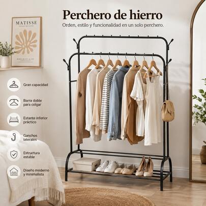 Perchero de doble barra y doble capa con forma de rama de árbol, 110*55*160 cm, material de hierro duradero, con estantes de doble capa y ganchos laterales, gran capacidad, organizador de ropa con múltiples secciones, color negro.