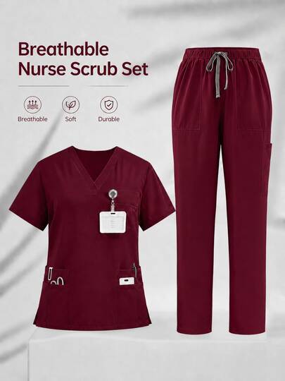 Women's Scrub Set, V Neck Medical Uniform Top & Pants With Pockets, Comfortable Nurse Workwear Suit For Healthcare Professionals, Hospital Doctor Work Outfit