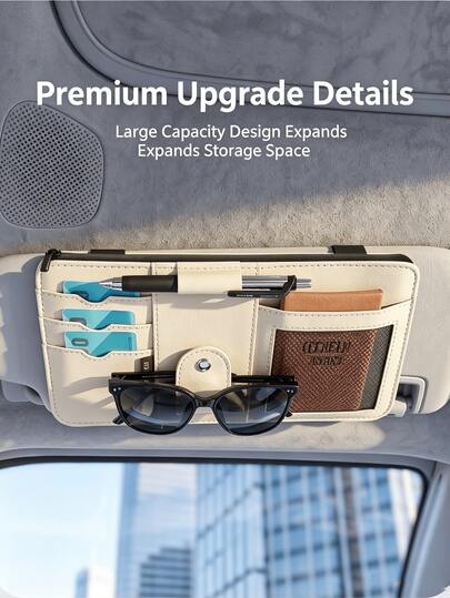 Organizer per parasole auto in pelle PU premium – Portatutto multi-scomparto con molletta per occhiali, slot per penne, slot per carte e tasca in rete; accessorio universale per interni per riporre documenti e carte.