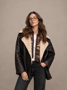 HZXVIC Women's Winter New American Retro Lambhair Inner Loose Shoulder Collar Motorcycle PU Jacket Coat - Brown - View 4