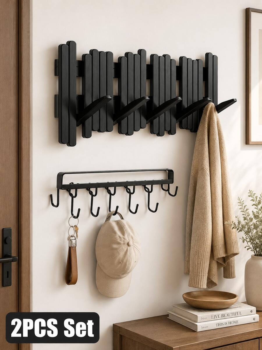 2pcs - (Piano Key Hook + Hanging Hook) Hat & Bag Storage Rack, Belt Storage Rack, Closet Accessory Storage Rack (Includes 6 Hooks), Clothing Storage Rack, No-Drill Simple Storage Rack, Closet Hook Organizer - Multicolor - View 1
